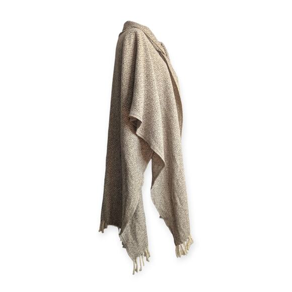 Vintage 60s 70s Molina Woven Wool Poncho ~ Taupe ~ Made in Mexico ~ fringed - Picture 4 of 6